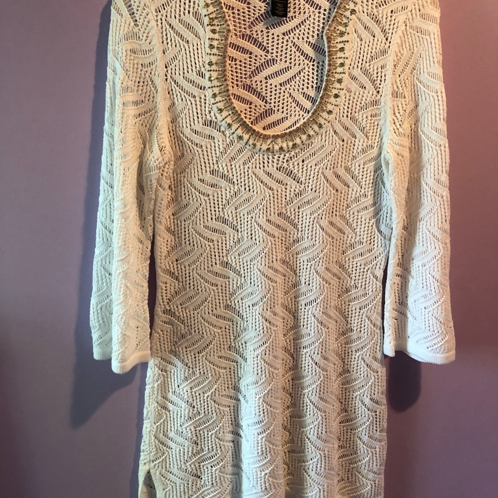 WHBM white knit mini dress with gold neckline